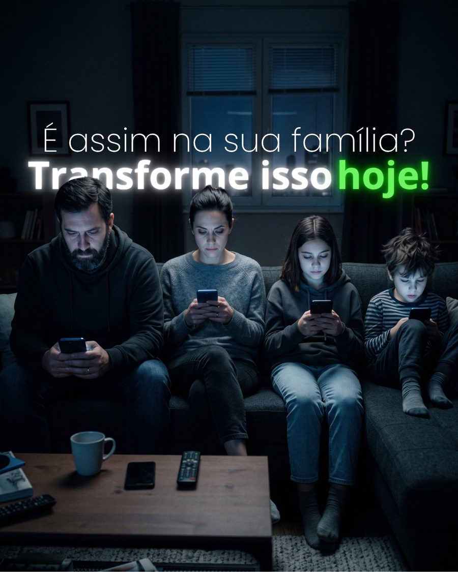 Família na sala jogando Koinonia Play no celular